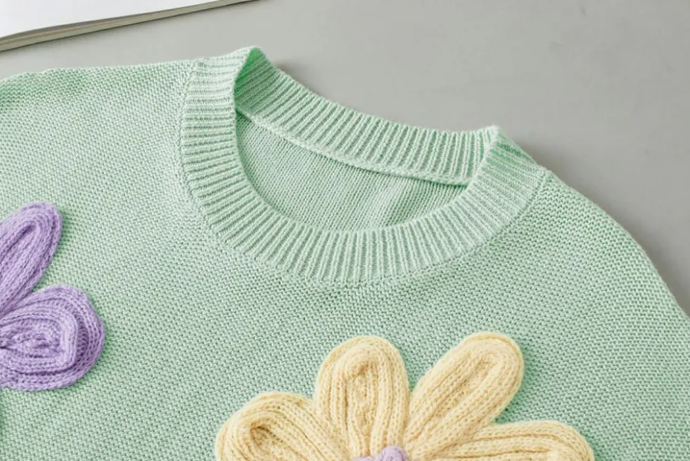 Online Dear-Lover Multi Crochet Flower Knit Short Sleeve Sweater Top Moonlight Jade
