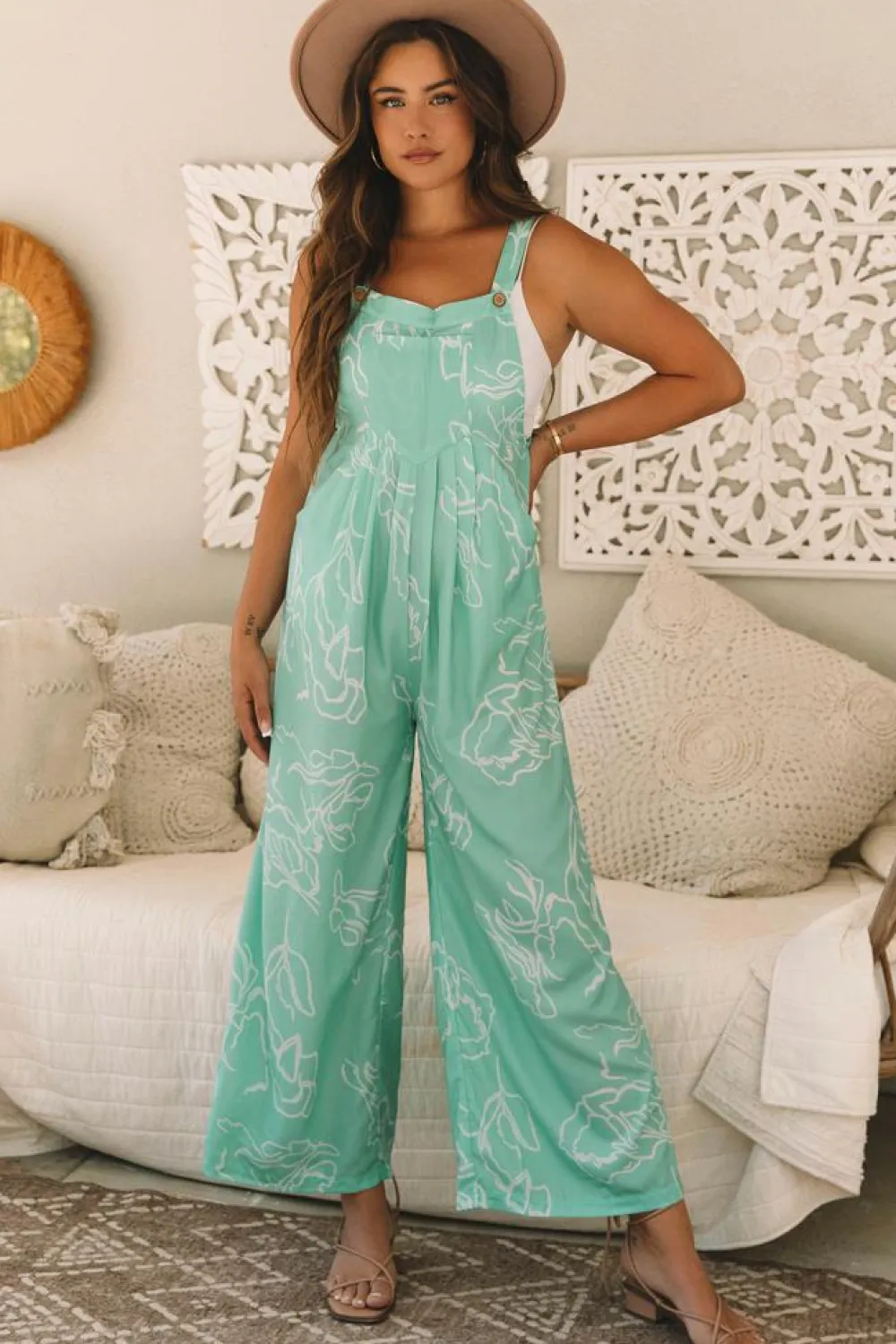 Hot Dear-Lover Printed Bib Wide Leg Overall Moonlight Jade