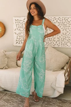 Hot Dear-Lover Printed Bib Wide Leg Overall Moonlight Jade
