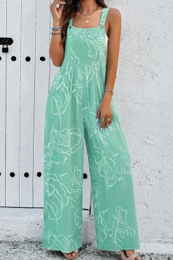 Hot Dear-Lover Printed Bib Wide Leg Overall Moonlight Jade