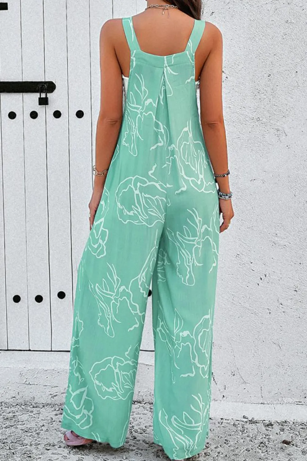 Hot Dear-Lover Printed Bib Wide Leg Overall Moonlight Jade