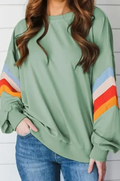 Discount Dear-Lover Rainbow Striped Sleeve Crew Neck Loose Sweatshirt Moonlight Jade