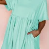 Outlet Dear-Lover Solid Color Pocketed Raw Edge Babydoll Dress Moonlight Jade