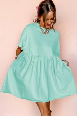 Outlet Dear-Lover Solid Color Pocketed Raw Edge Babydoll Dress Moonlight Jade