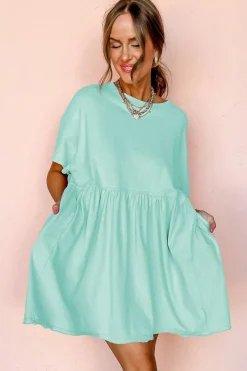 Outlet Dear-Lover Solid Color Pocketed Raw Edge Babydoll Dress Moonlight Jade