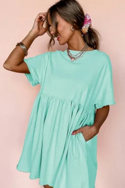 Outlet Dear-Lover Solid Color Pocketed Raw Edge Babydoll Dress Moonlight Jade