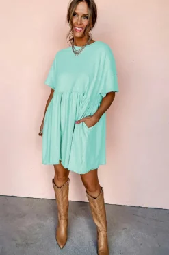 Outlet Dear-Lover Solid Color Pocketed Raw Edge Babydoll Dress Moonlight Jade