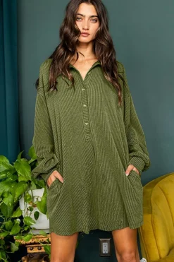 Sale Dear-Lover Corded Buttons Placket Drop Shoulder Collared Shift Dress Moss Green