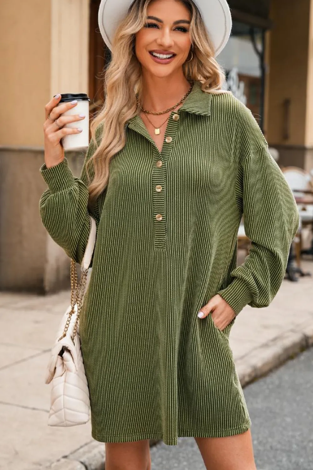 Sale Dear-Lover Corded Buttons Placket Drop Shoulder Collared Shift Dress Moss Green