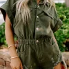 New Dear-Lover Distressed Frayed Denim Romper Moss Green
