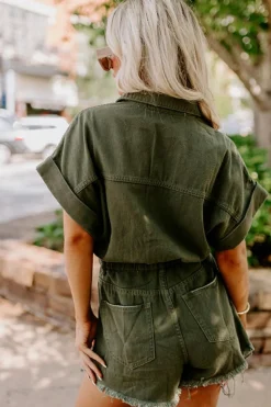 New Dear-Lover Distressed Frayed Denim Romper Moss Green