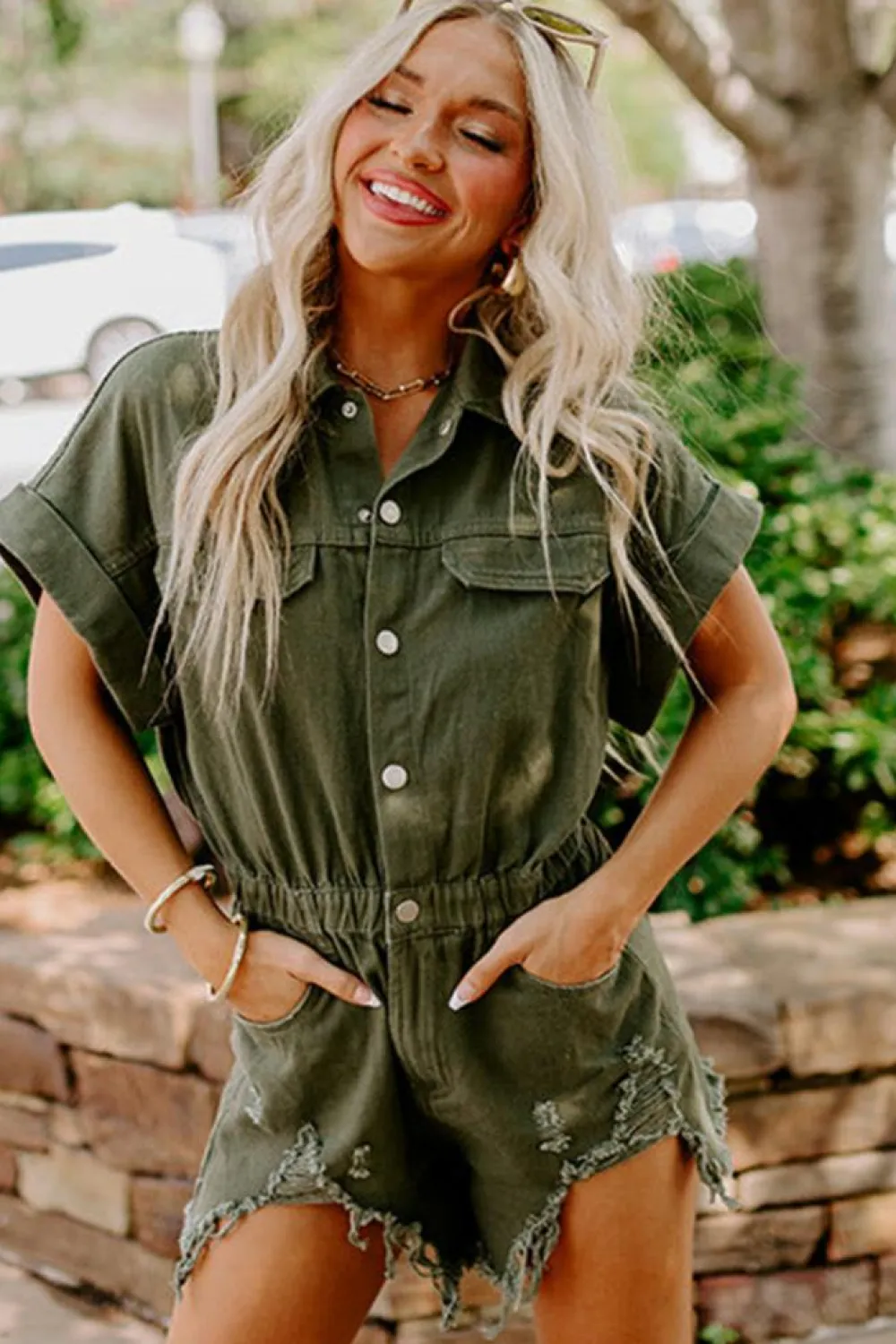 New Dear-Lover Distressed Frayed Denim Romper Moss Green