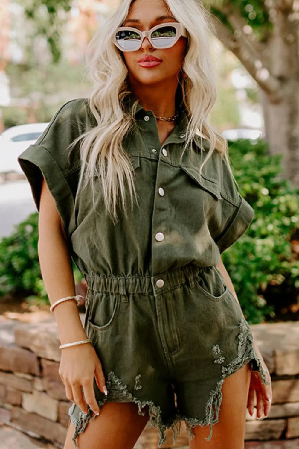New Dear-Lover Distressed Frayed Denim Romper Moss Green