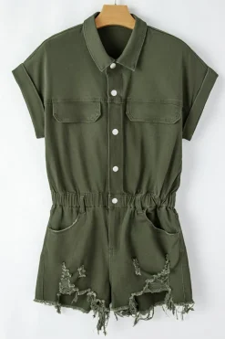 New Dear-Lover Distressed Frayed Denim Romper Moss Green
