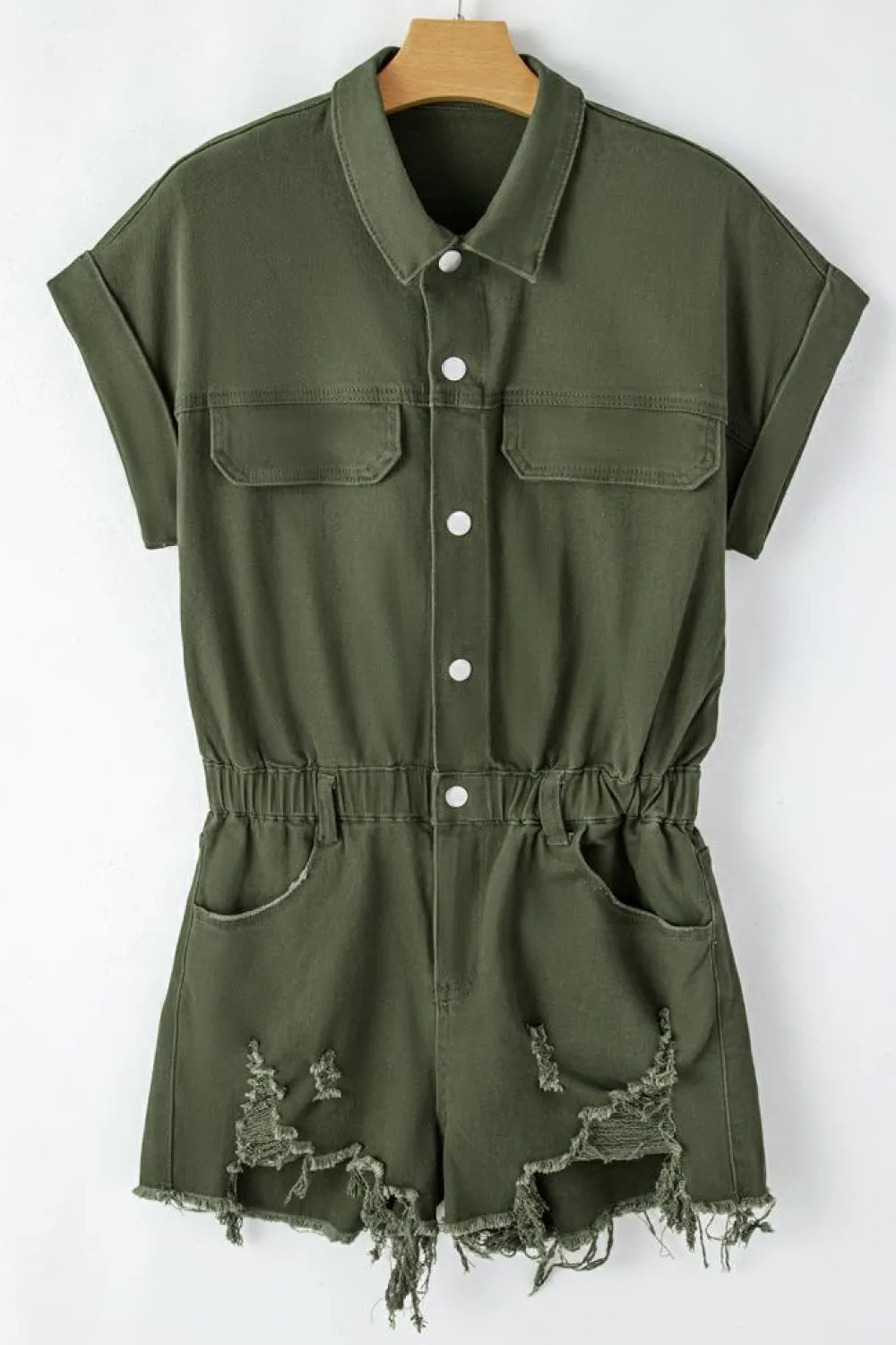 New Dear-Lover Distressed Frayed Denim Romper Moss Green