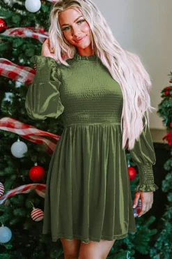 Clearance Dear-Lover Frilled Neck Smocked Bodice Velvet Dress Moss Green