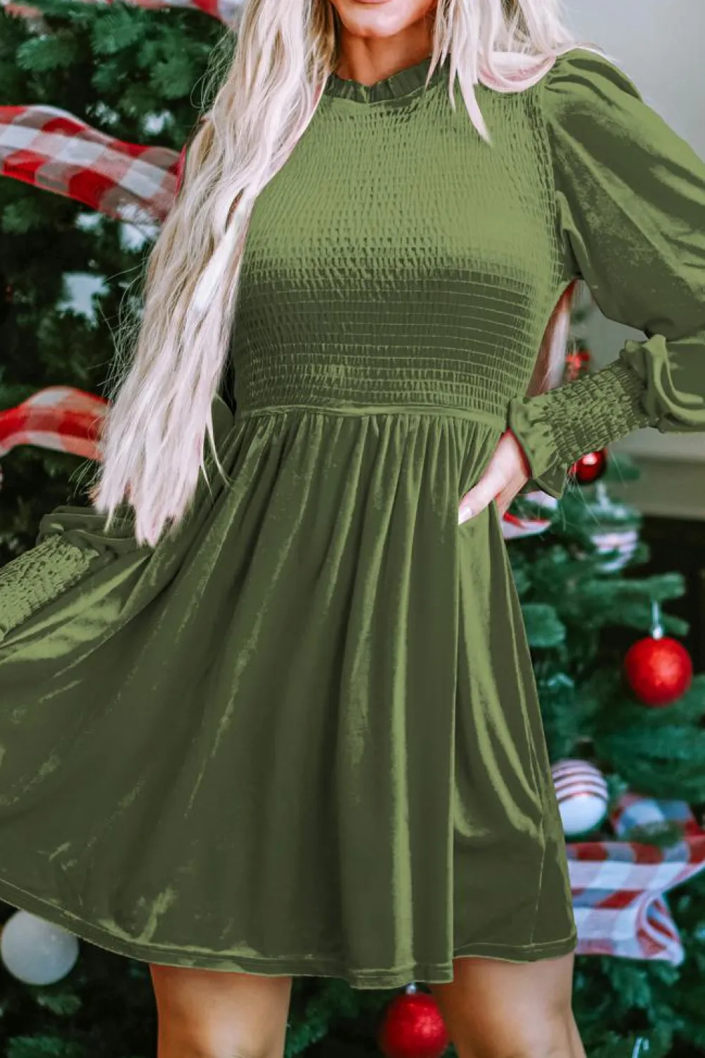 Clearance Dear-Lover Frilled Neck Smocked Bodice Velvet Dress Moss Green
