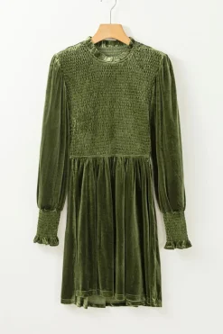 Clearance Dear-Lover Frilled Neck Smocked Bodice Velvet Dress Moss Green
