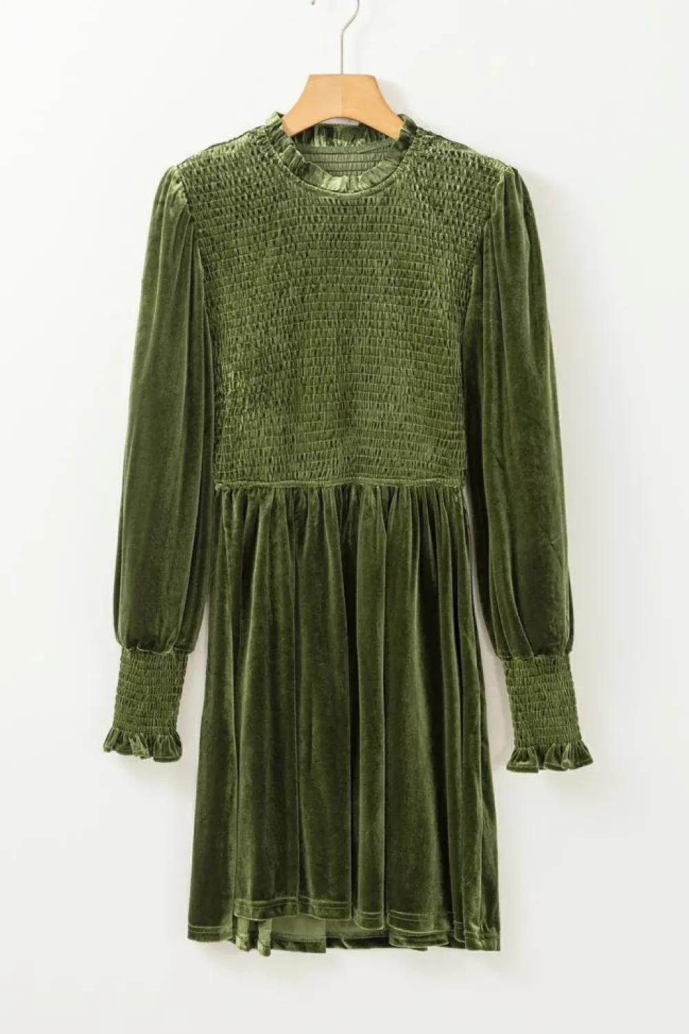 Clearance Dear-Lover Frilled Neck Smocked Bodice Velvet Dress Moss Green