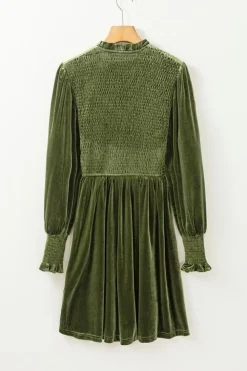 Clearance Dear-Lover Frilled Neck Smocked Bodice Velvet Dress Moss Green