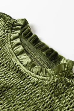 Clearance Dear-Lover Frilled Neck Smocked Bodice Velvet Dress Moss Green