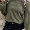 Sale Dear-Lover Leopard Print Crochet Patchwork Rib Textured Knit Top Moss Green