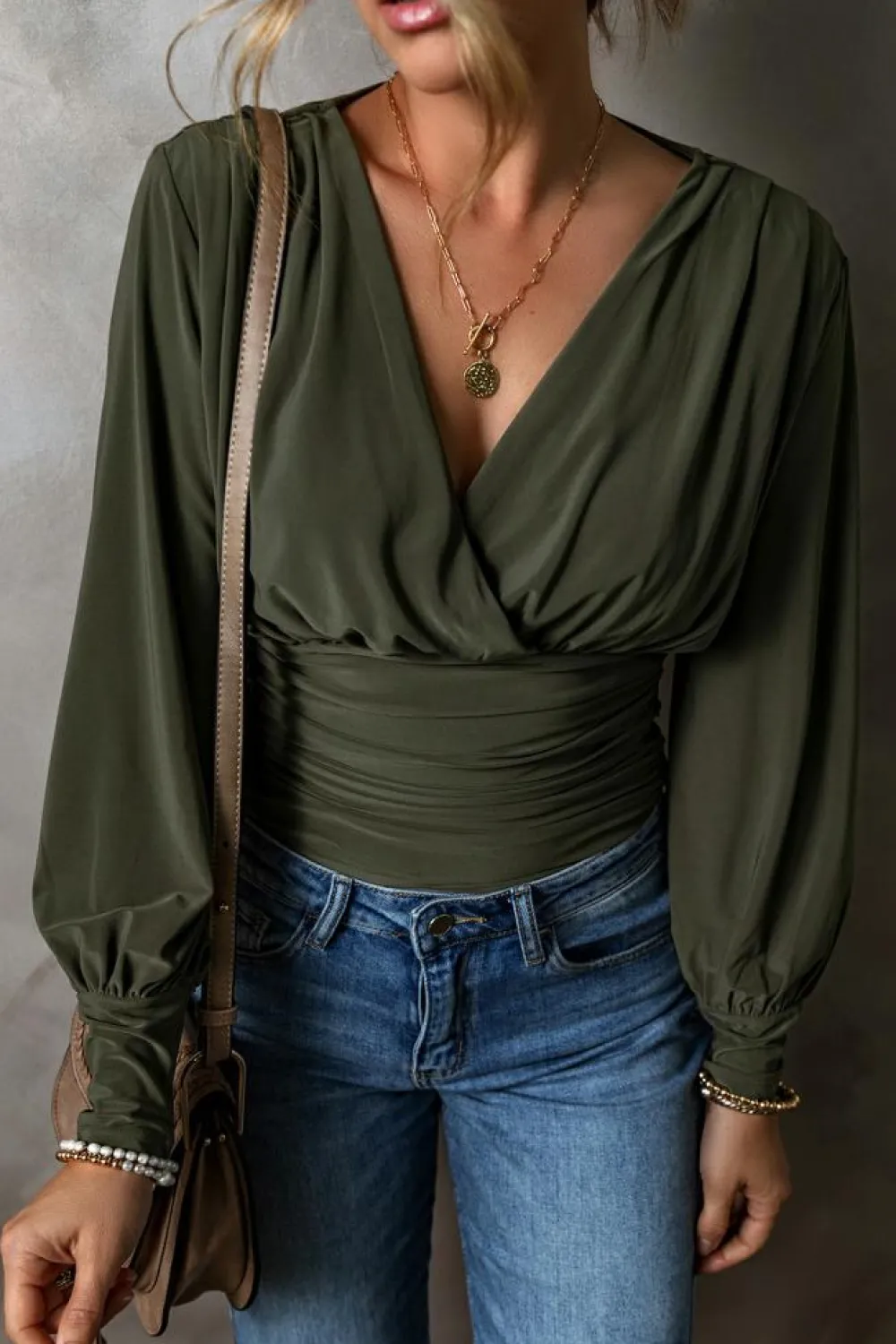 New Dear-Lover Ruched Wrap V Neck Long Sleeve Bodysuit Moss Green
