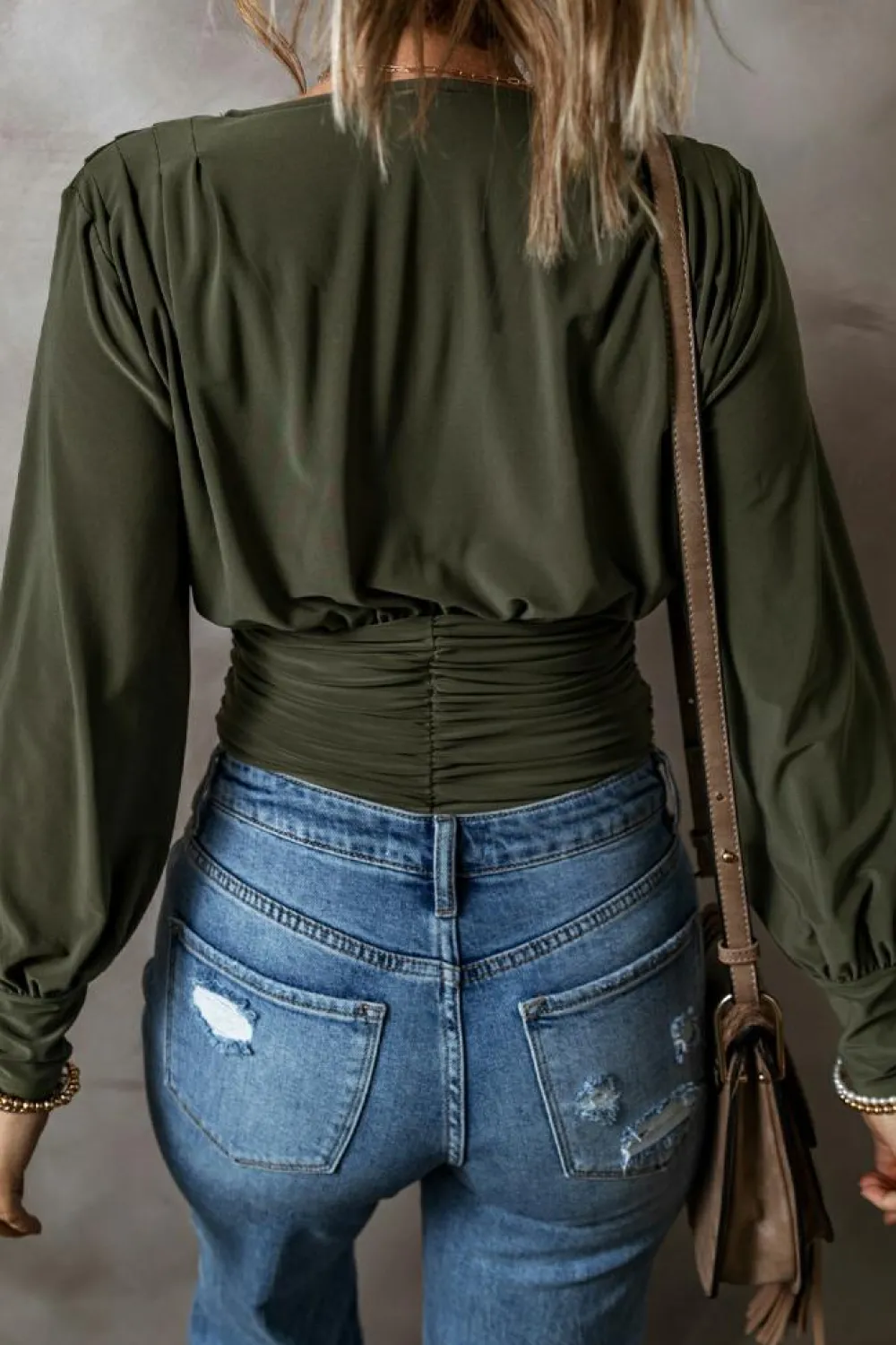 New Dear-Lover Ruched Wrap V Neck Long Sleeve Bodysuit Moss Green