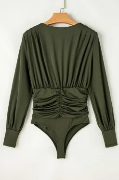 New Dear-Lover Ruched Wrap V Neck Long Sleeve Bodysuit Moss Green