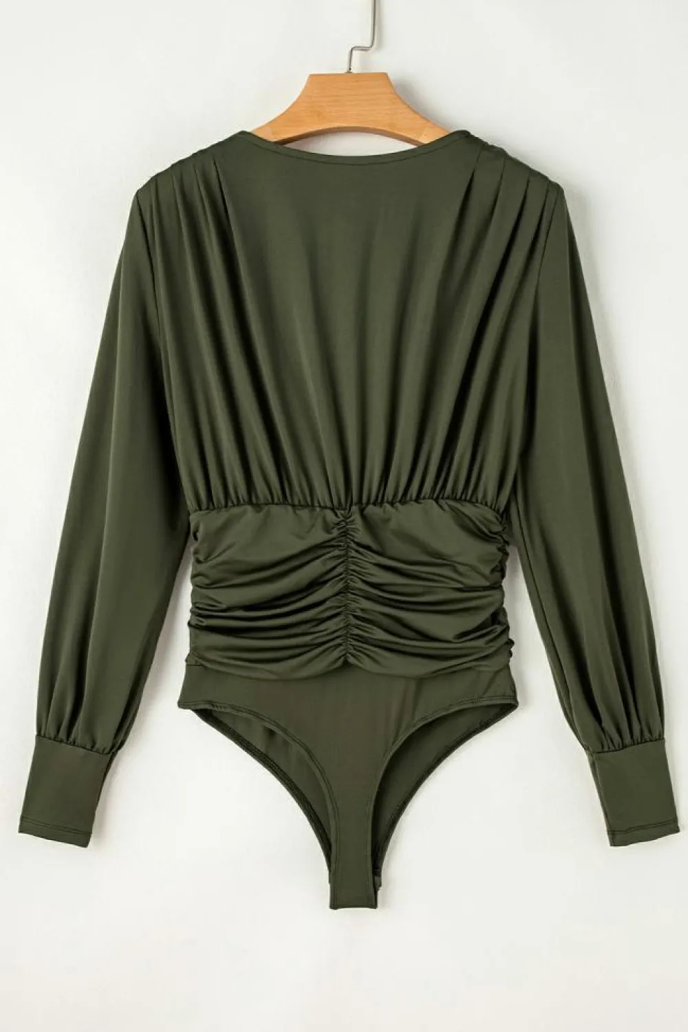 New Dear-Lover Ruched Wrap V Neck Long Sleeve Bodysuit Moss Green