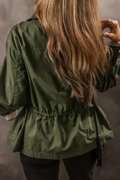 Sale Dear-Lover Snap Button Zipper Tight Waist Collared Jacket Moss Green