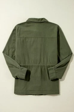 Sale Dear-Lover Snap Button Zipper Tight Waist Collared Jacket Moss Green