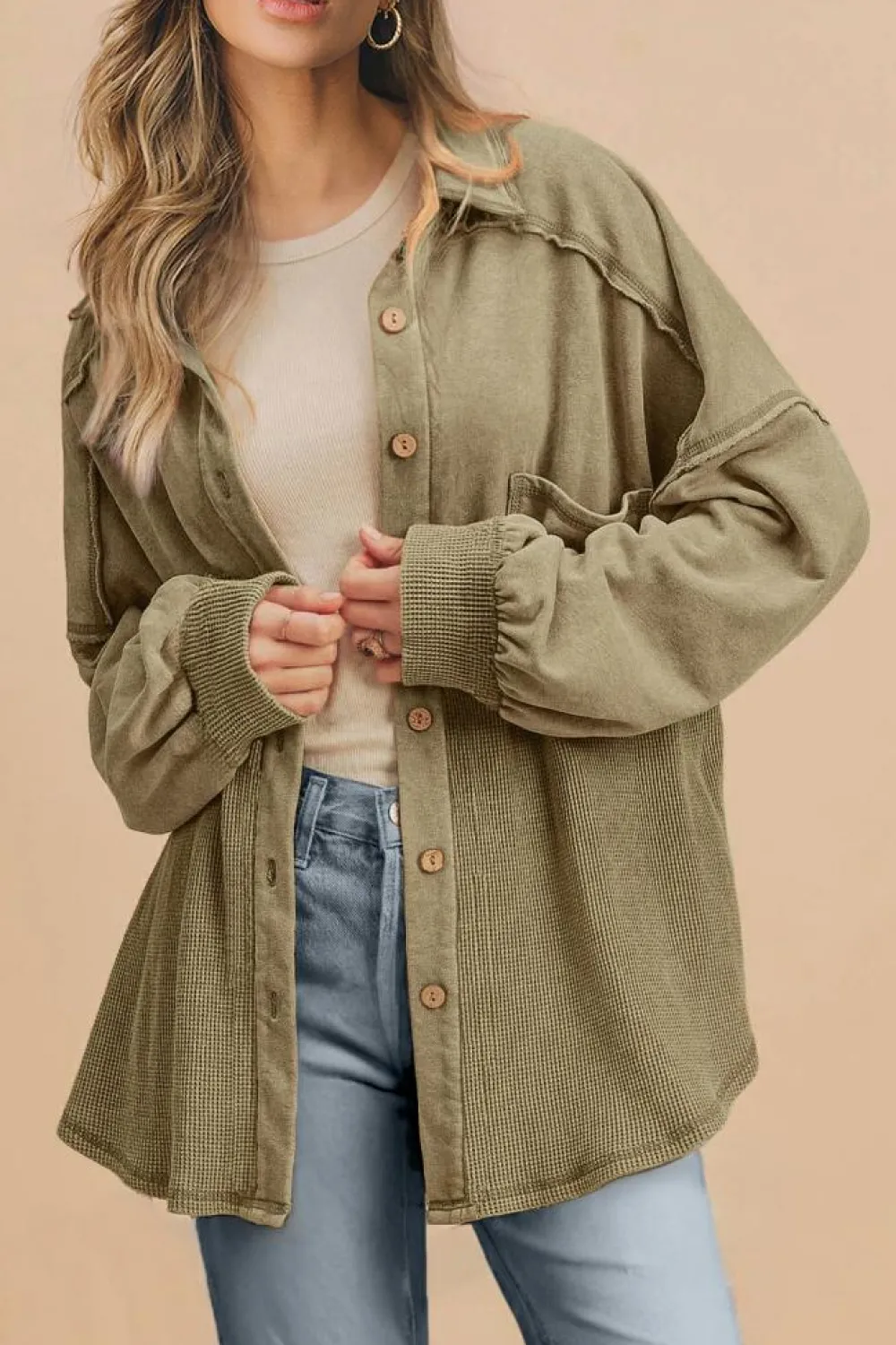Fashion Dear-Lover Waffle Knit Patchwork Buttoned Oversized Shacket Moss Green