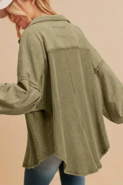 Fashion Dear-Lover Waffle Knit Patchwork Buttoned Oversized Shacket Moss Green
