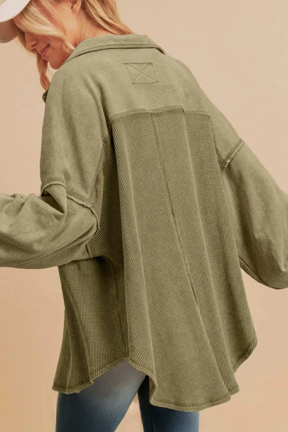 Fashion Dear-Lover Waffle Knit Patchwork Buttoned Oversized Shacket Moss Green