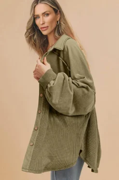 Fashion Dear-Lover Waffle Knit Patchwork Buttoned Oversized Shacket Moss Green