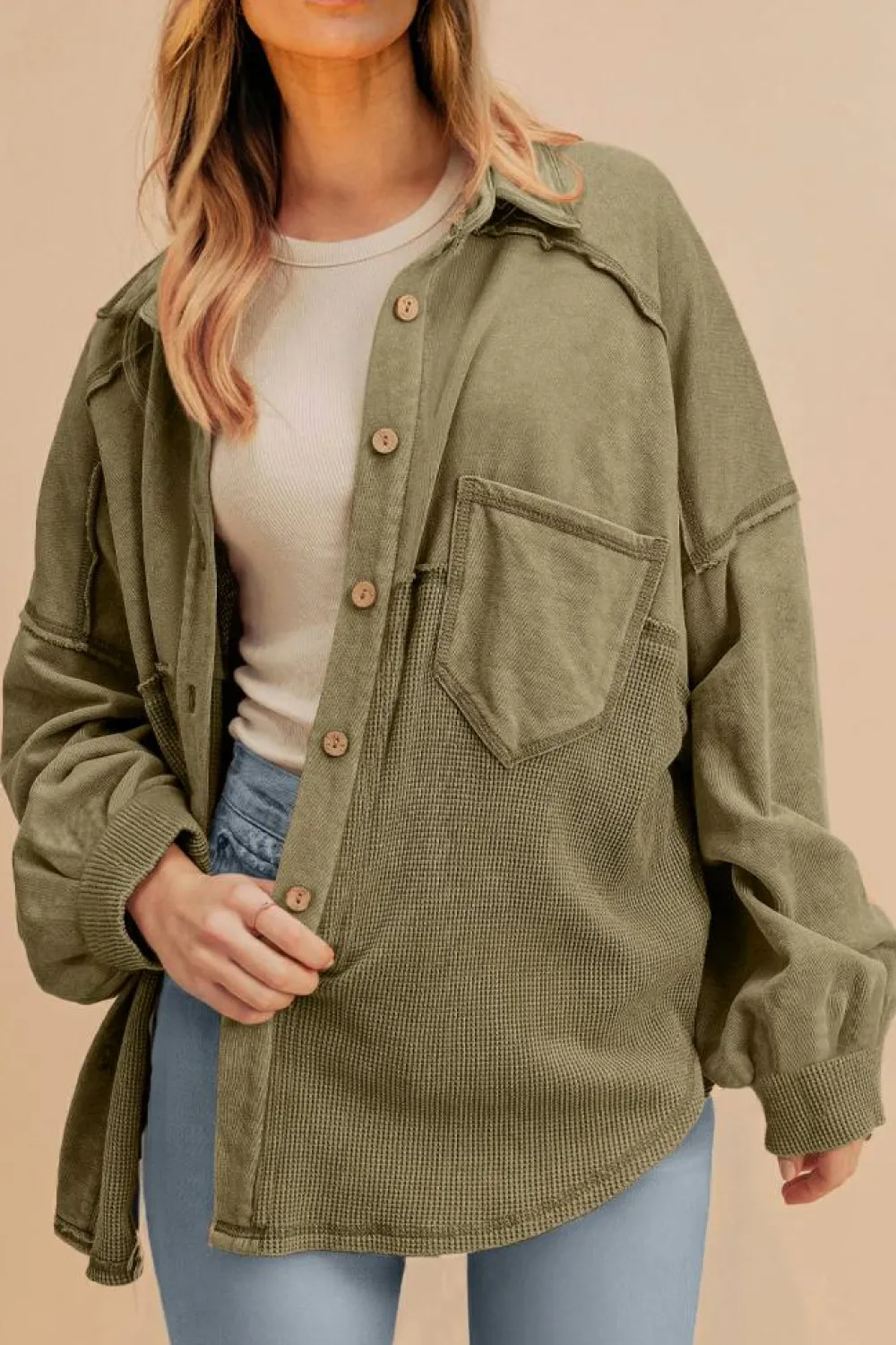 Fashion Dear-Lover Waffle Knit Patchwork Buttoned Oversized Shacket Moss Green