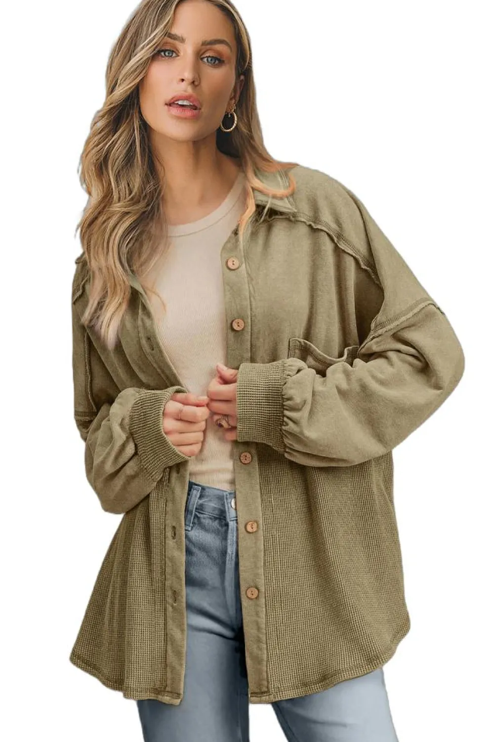 Fashion Dear-Lover Waffle Knit Patchwork Buttoned Oversized Shacket Moss Green