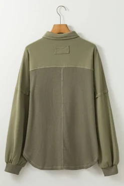 Clearance Dear-Lover Waffle Knit Patchwork Exposed Seam Loose Shacket Moss Green