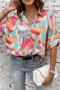 Online Dear-Lover Abstract Geometry Print Half Puff Sleeve Loose Shirt Multicolor