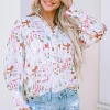 Clearance Dear-Lover Abstract Print Lantern Sleeve Casual Shirt Multicolor