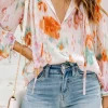 Online Dear-Lover Abstract Print Split Neck Puff Sleeve Blouse Multicolor