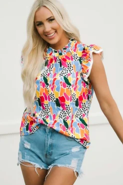 Discount Dear-Lover Abstract Print High Neck Flutter Sleeves Top Multicolor