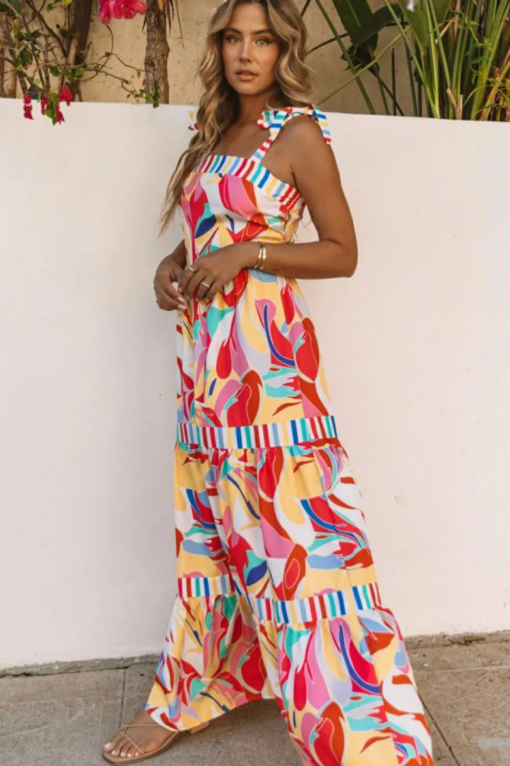 Online Dear-Lover Abstract Print Striped Trim Maxi Sundress Multicolor