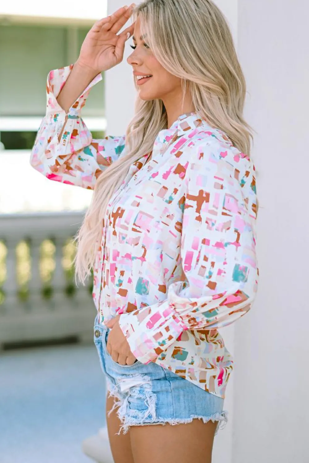 Clearance Dear-Lover Abstract Print Lantern Sleeve Casual Shirt Multicolor