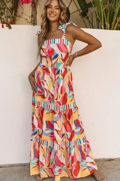 Online Dear-Lover Abstract Print Striped Trim Maxi Sundress Multicolor