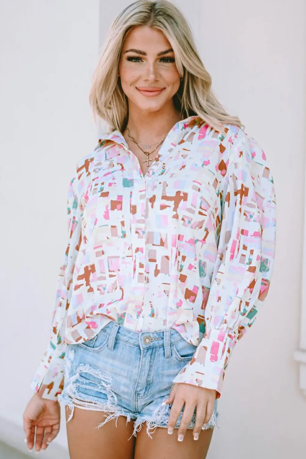 Clearance Dear-Lover Abstract Print Lantern Sleeve Casual Shirt Multicolor