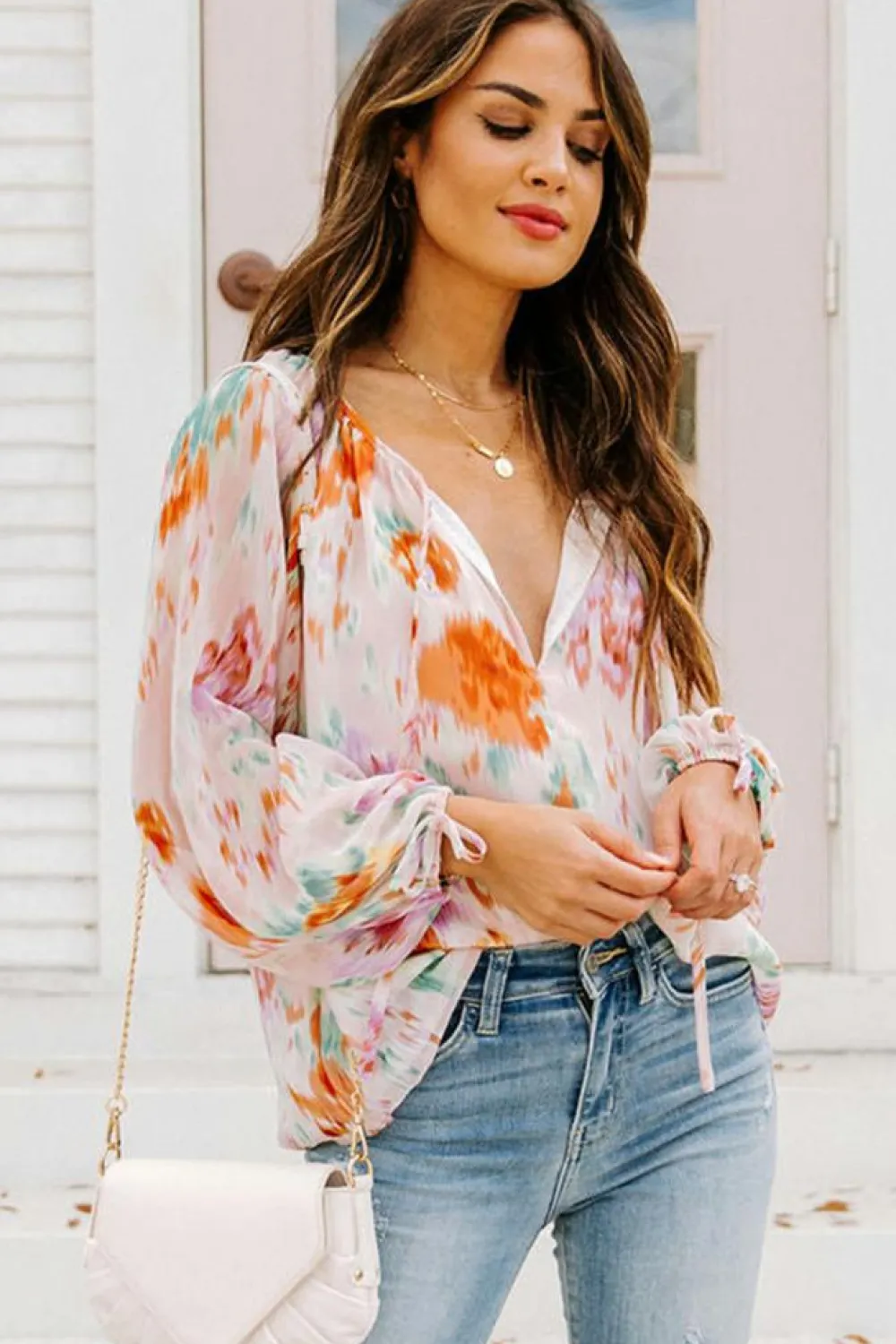 Online Dear-Lover Abstract Print Split Neck Puff Sleeve Blouse Multicolor