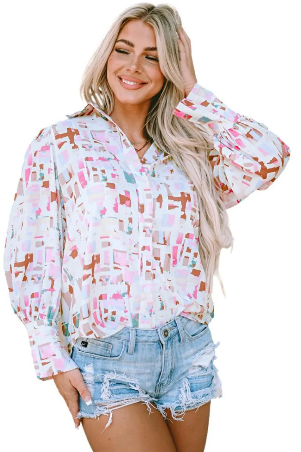 Clearance Dear-Lover Abstract Print Lantern Sleeve Casual Shirt Multicolor