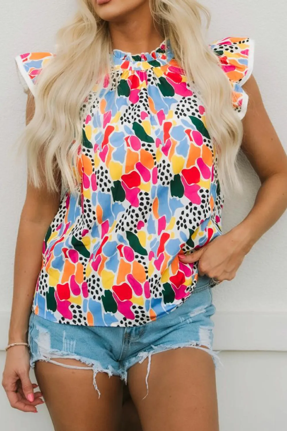 Discount Dear-Lover Abstract Print High Neck Flutter Sleeves Top Multicolor
